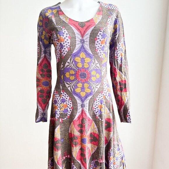 Vintage Psychedelic Print Muted Colours Long Sleeve A line Maxi Dress S - Picture 3 of 9